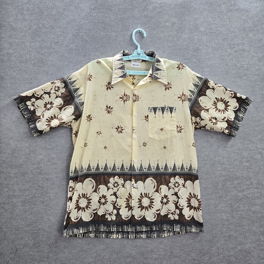VINTAGE Pacific Garments Men Button Up Shirt L Beige Floral Hawaiian Short